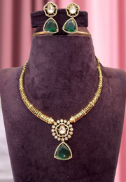 Simple short necklace with mossainite stones and green colour stone -pairing with beautiful earrings